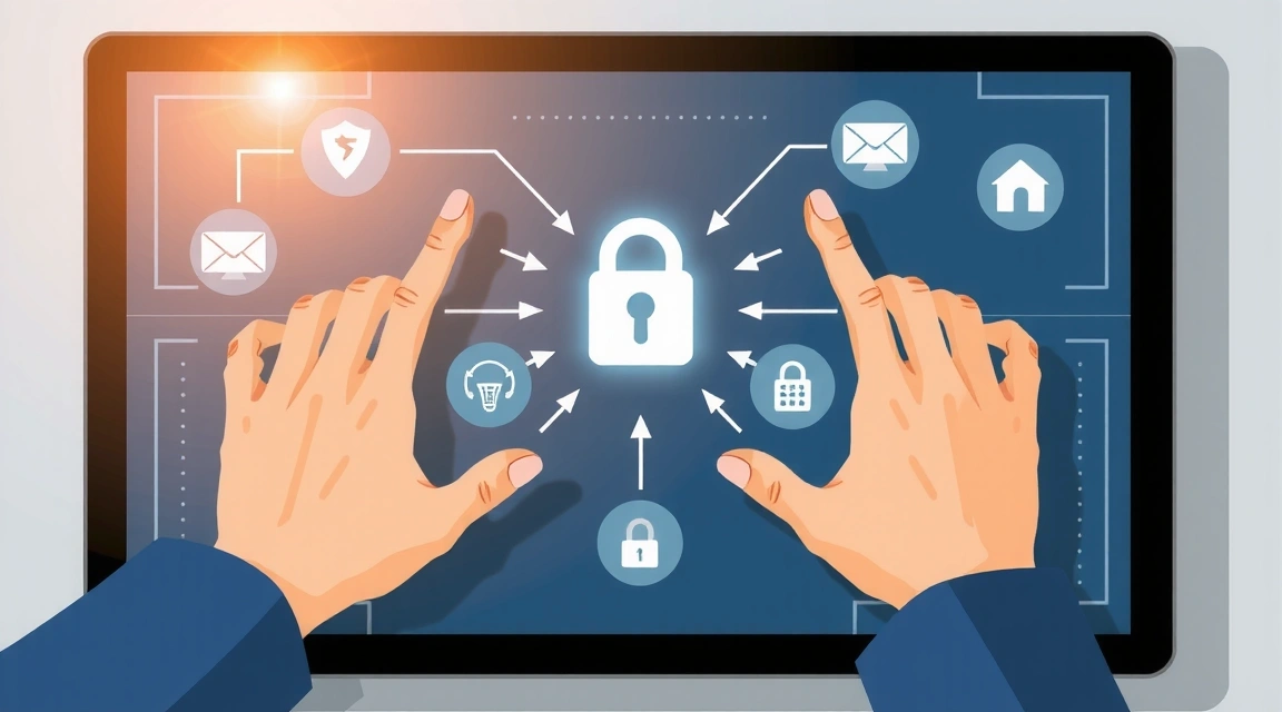 Ilustración de manos protegiendo datos digitales en una pantalla con iconos de seguridad